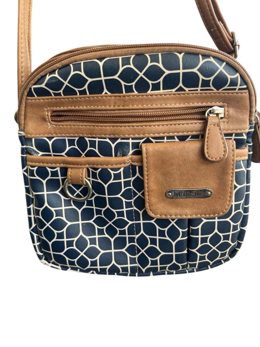 MultiSac Navy Pattern zip around Crossbody Bag with Tan Trim